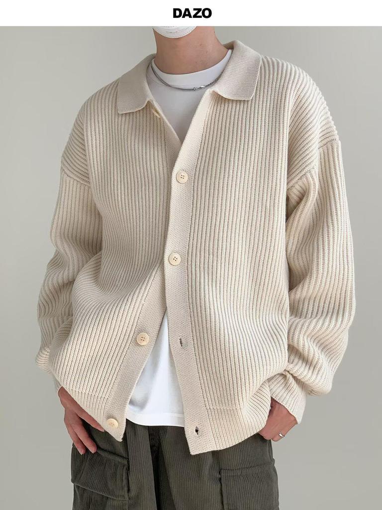 Men's Korean Style Bright Red Knit Cardigan - Autumn/Winter, Year of the Rabbit Edition, with Lapel and Solid Color Design.