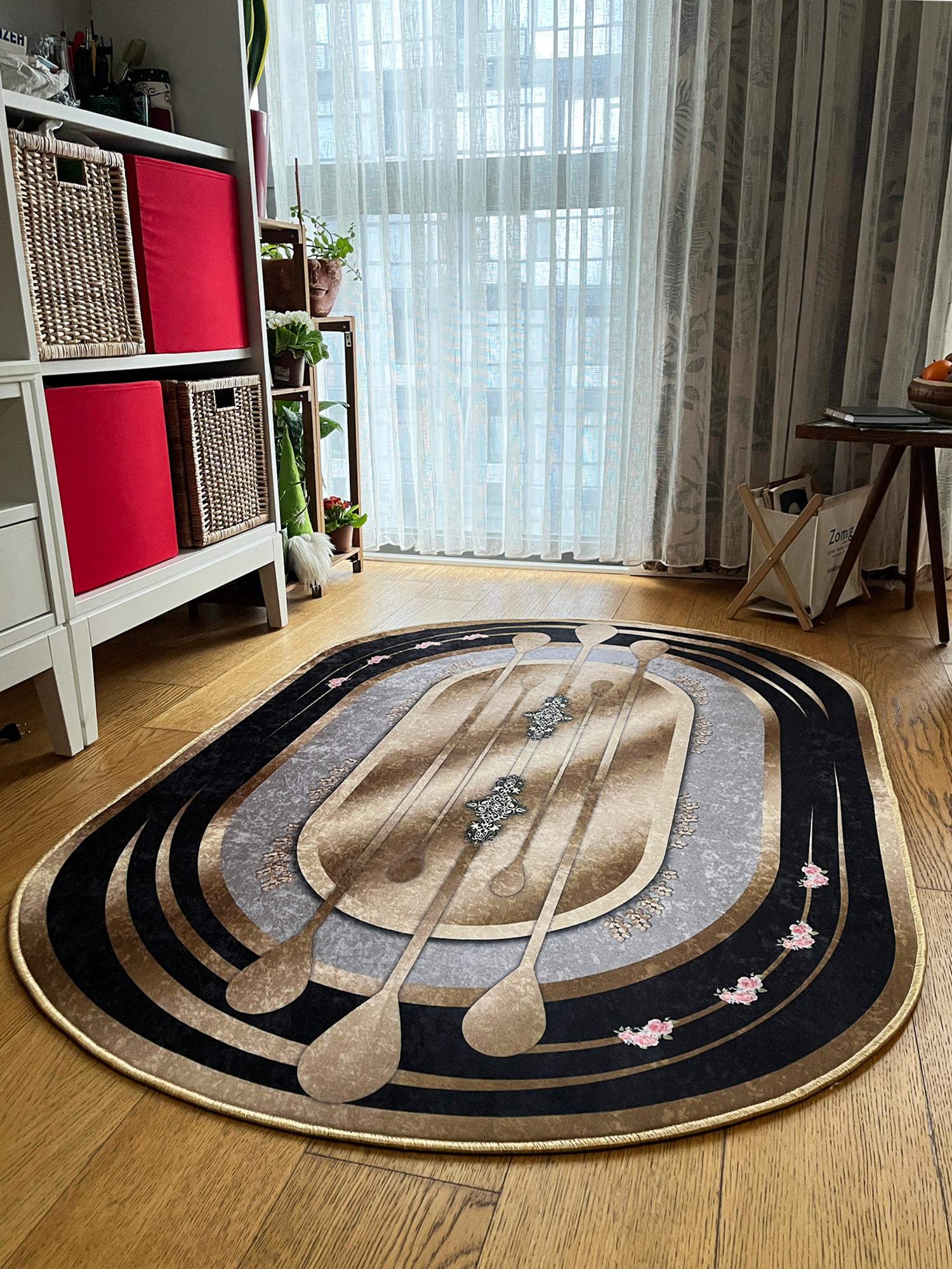 

EPeddler Home Современный узор из черного золота Цифровая печать Моющаяся нескользящая кожаная основа Овальная форма Новое поколение Ковер для гостиной, кухни, прихожей и напольный коврик 50 x 80