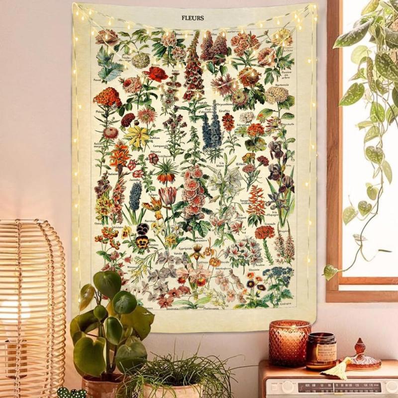 VIKAMA Illustrated Botanical Tapestry Vintage Floral Tapestry Long Vertical Wall Hanging Bedroom Floral Decorative Hanging