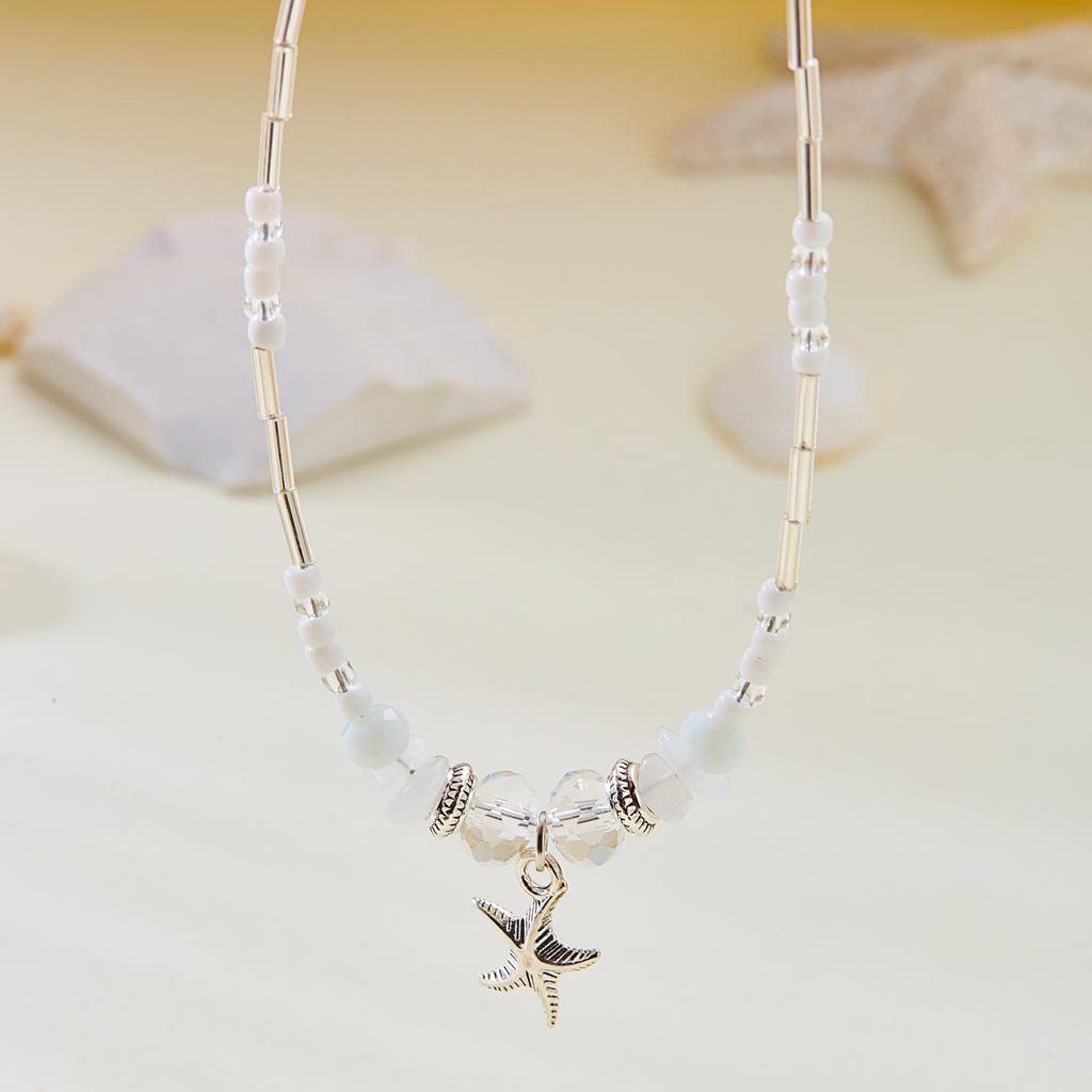 Elegant White Beads Starfish Necklace for Women Handmade Crushed Stone Choker Necklace Summer Beach Party Jewelry Accessories