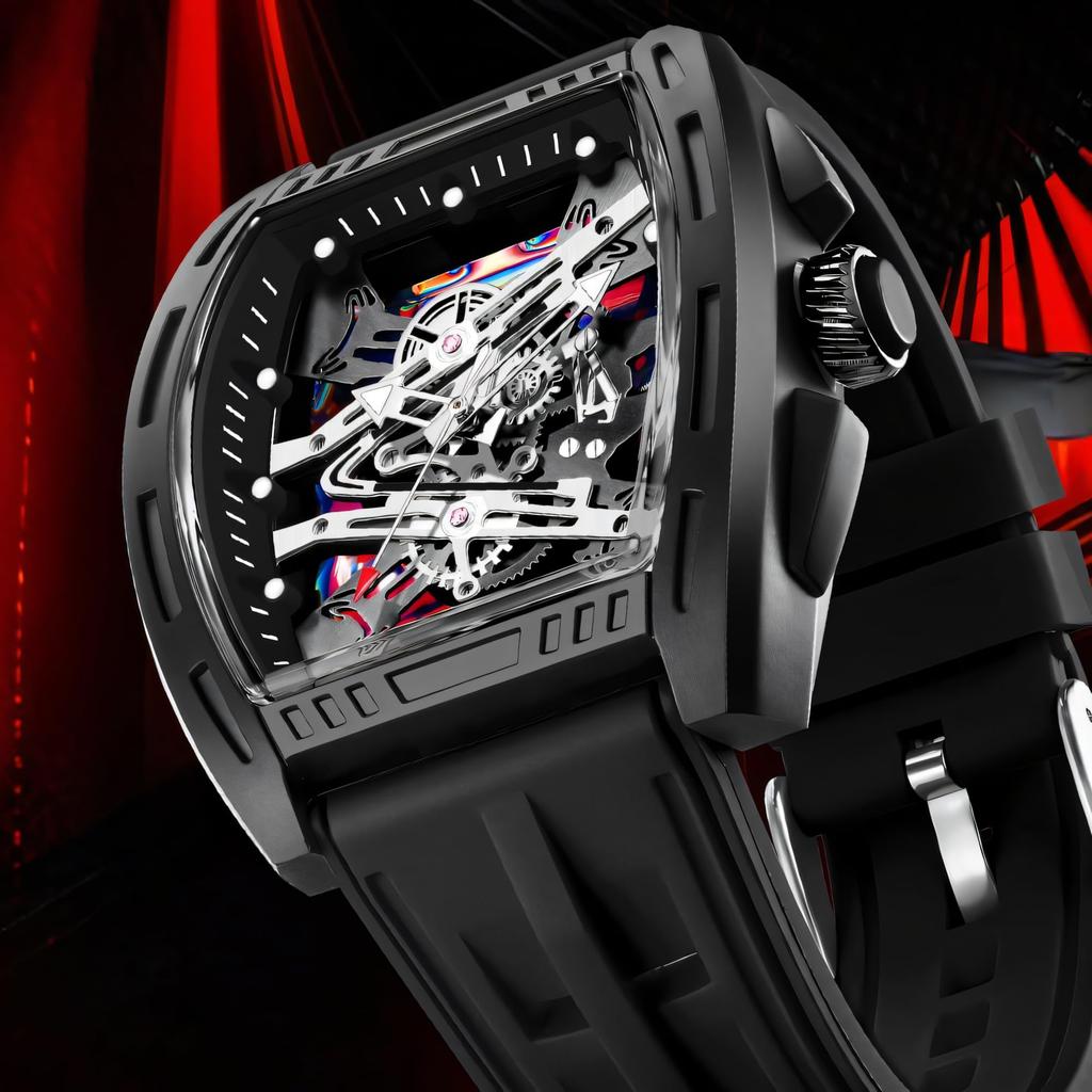 New Business Cool Wine Barrel Shaped Hollowed Dial Men's Wristwatch Silicone Strap Waterproof Luminous Quartz Male Watch