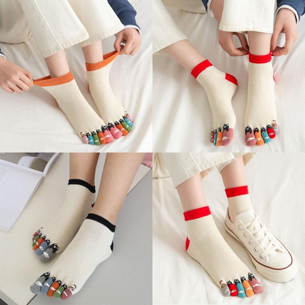 Breathable Tabi Toe Socks Funny Cat Pattern Seperated Toe Socks Athletic Ankle Socks  Casual Use