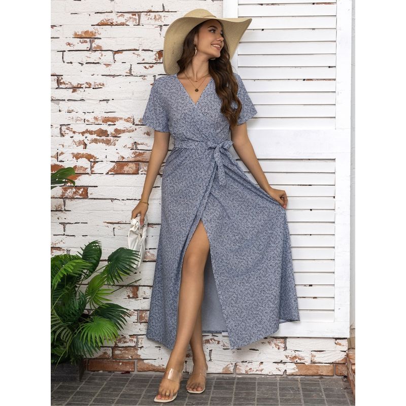 

Amazon Independent Station Fashion Style Fashion Elegant Hot Sale New Sexy Floral V-neck Swing Dress Blue S