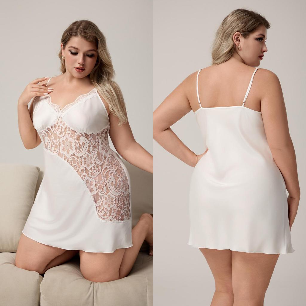 Yaoting Plus Size Satin Lace V-Neck Spaghetti Strap Nightgown for Women