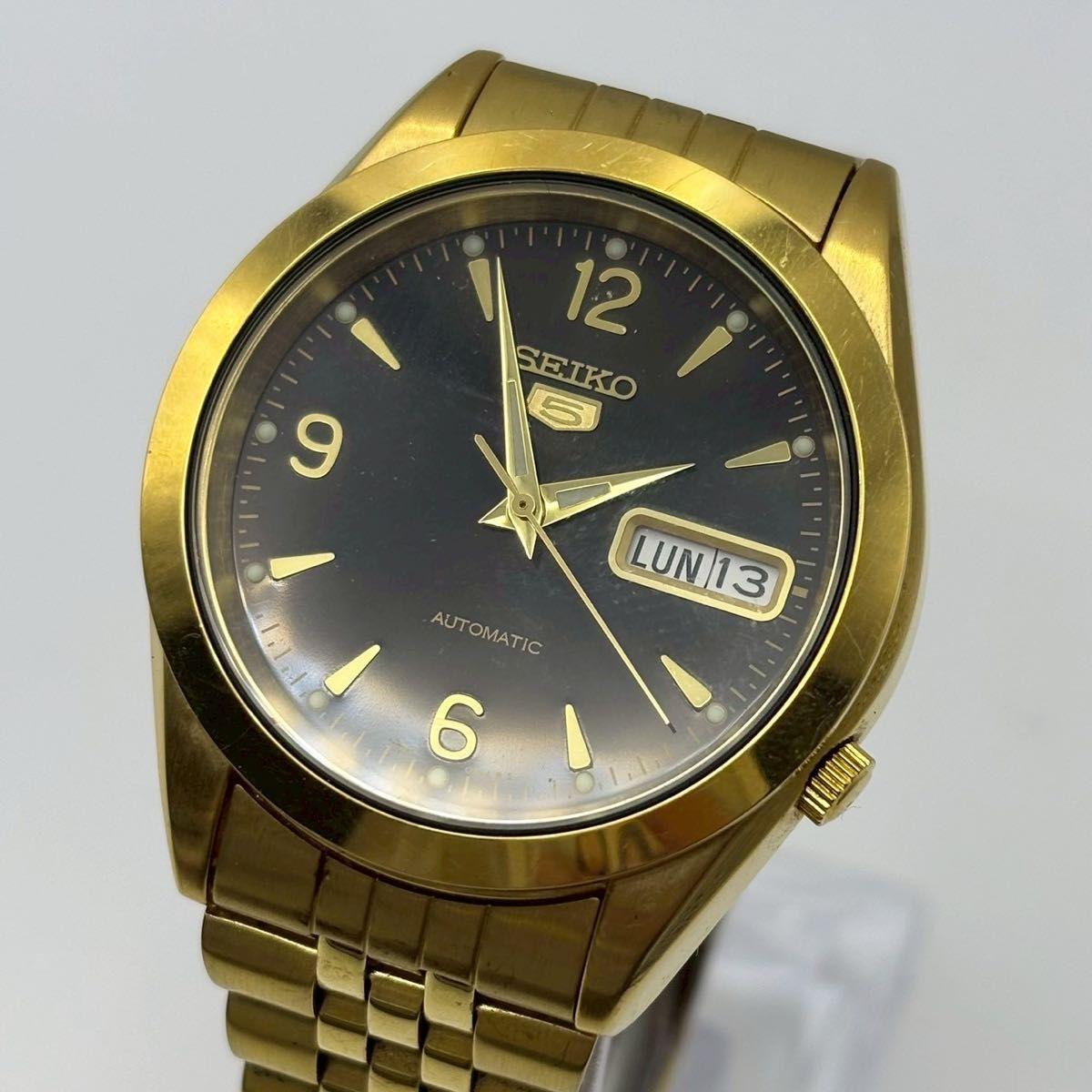 [Operation/Automatic] SEIKO5 Day Date Black x GP Men s Watch Back Slot Seiko 5 Gold