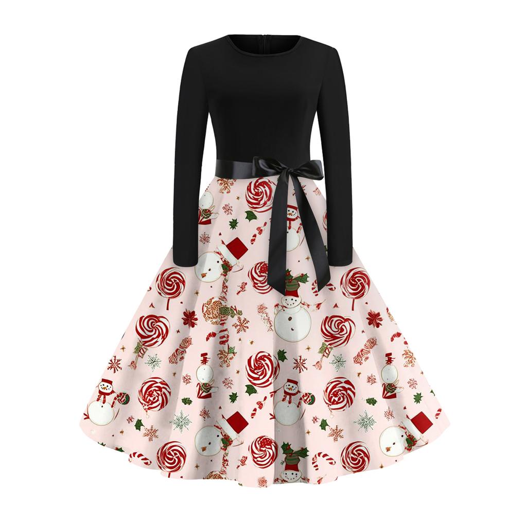 Women's Fashionable And Elegant Autmn And Winter Long-sleeved Round Neck Christmas Print Dress