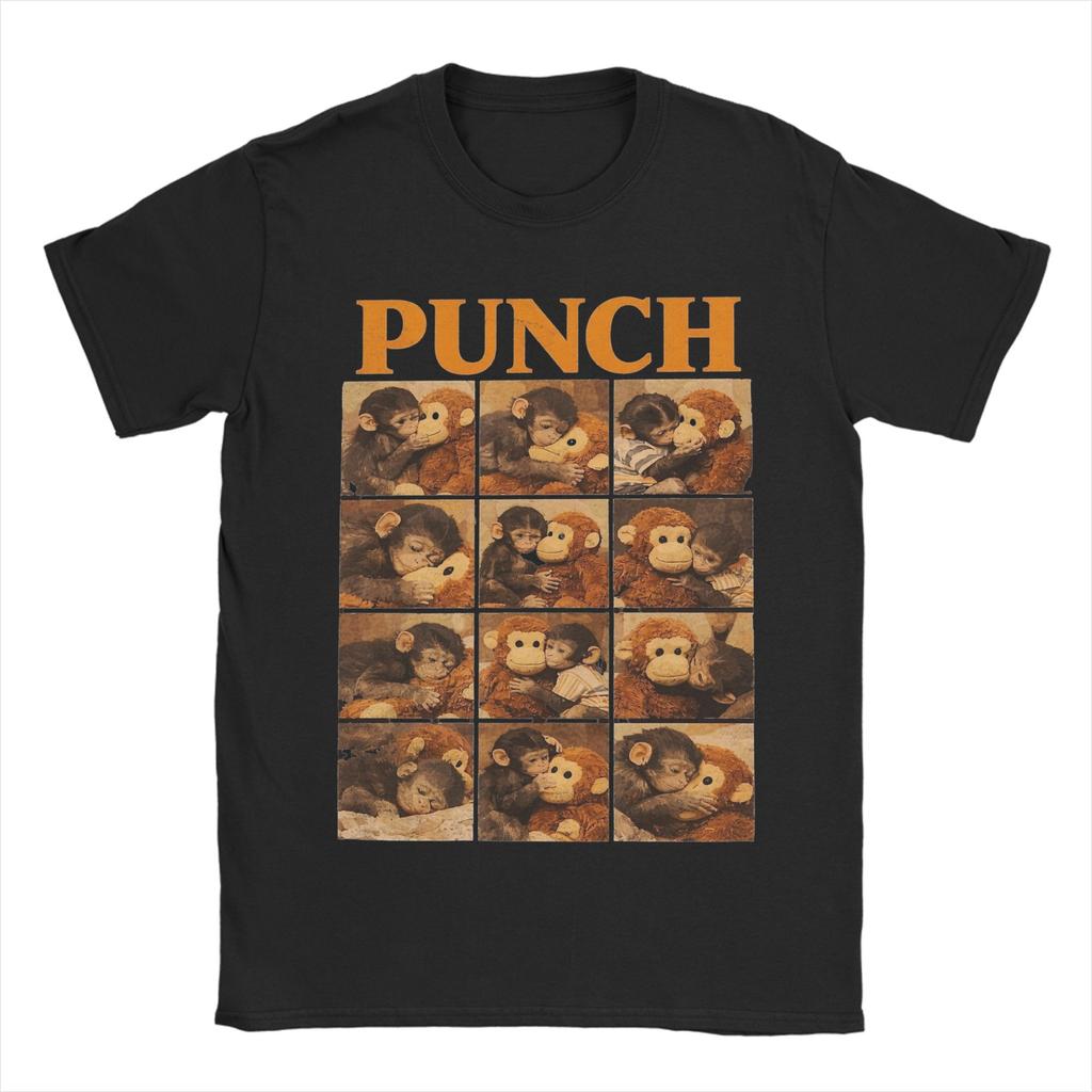 Men Women Printed Team Punch Punch the Monkey Baby Monkey Holding Plush Toy Tee T Shirt Pure Cotton Tshirts Clothes