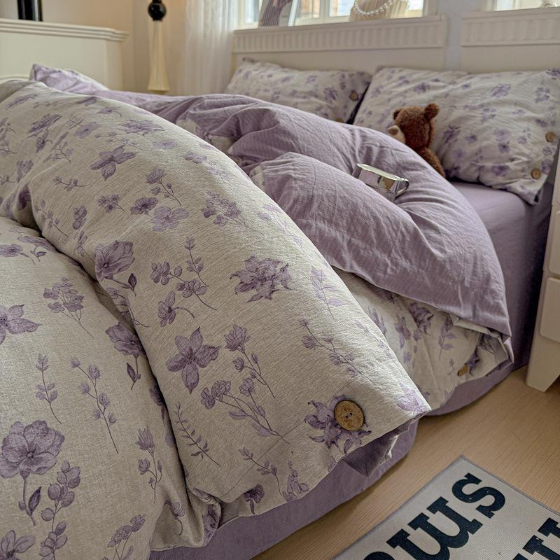 Retro Floral Linen Bedding Set: Autumn & Winter 4-Piece with Button Duvet Cover & Sheet