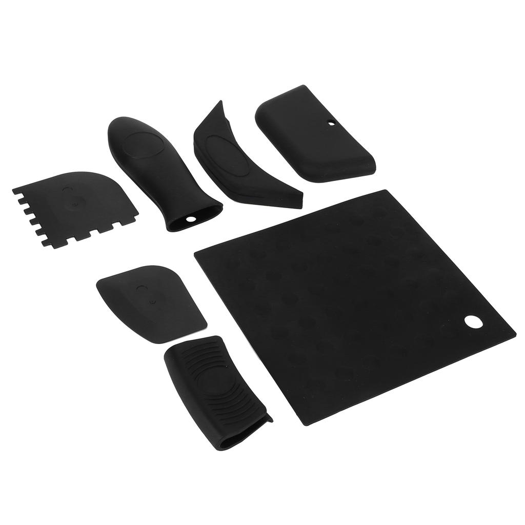 7Pcs Set Pot Holder AntiScald Silicone Grill Pan Scraper Handle Cover Set Kitchen Accessory(Black )