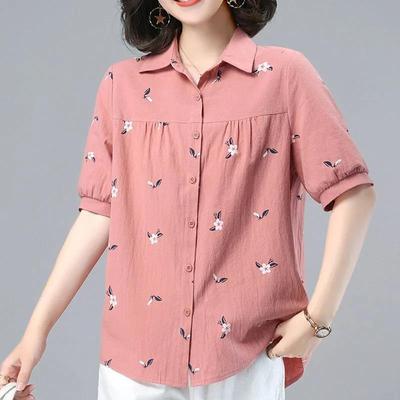 Floral Printed Shirts Women Summer Vintage Harajuku Linen Polo-neck Loose Half Short Sleeve Single Breasted Korean Style Blouse Women Tops