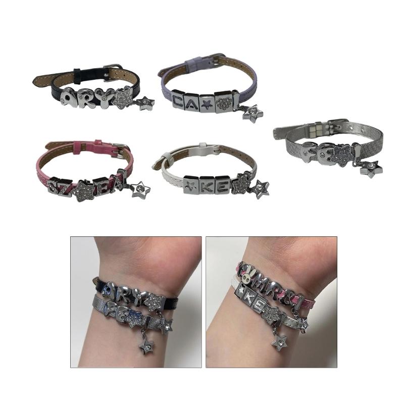 Subkulturní kožené nastavitelné náramky Jednoduché retro dopaminové náramky Všestranné s diamanty Hvězda Písmeno Široké náramky