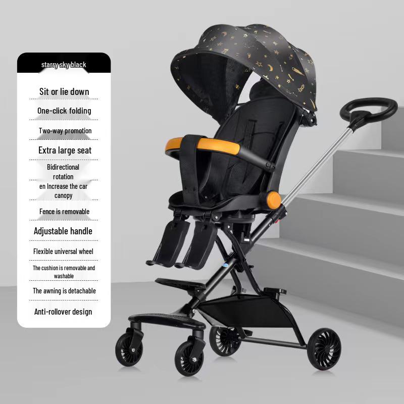Lightweight Foldable Two-Way Reclining High Landscape Baby Stroller with Four Wheels.