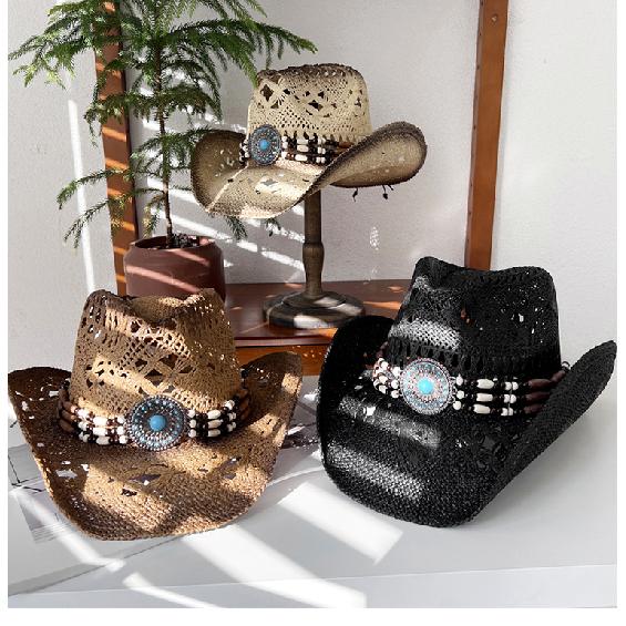 Hollowed-out straw knight hat for women, summer ethnic style sun protection hat, western cowboy straw hat, men's sun hat