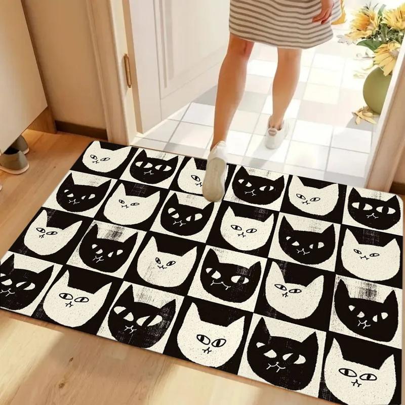 Cat Face Checkerboard Carpet Mat Rug Home Decoration Stylish Entryway Doormat with Cute Kitten Pattern Absorbent Floor Mat