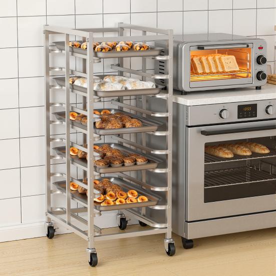Estante de Acero Inoxidable para Hornear de 10 Niveles con Ruedas, Carrito para Bandejas Comercial, Soporte Móvil y Desmontable para Panadería para Horno Panadería Pastelería, 33 libras por Estante,