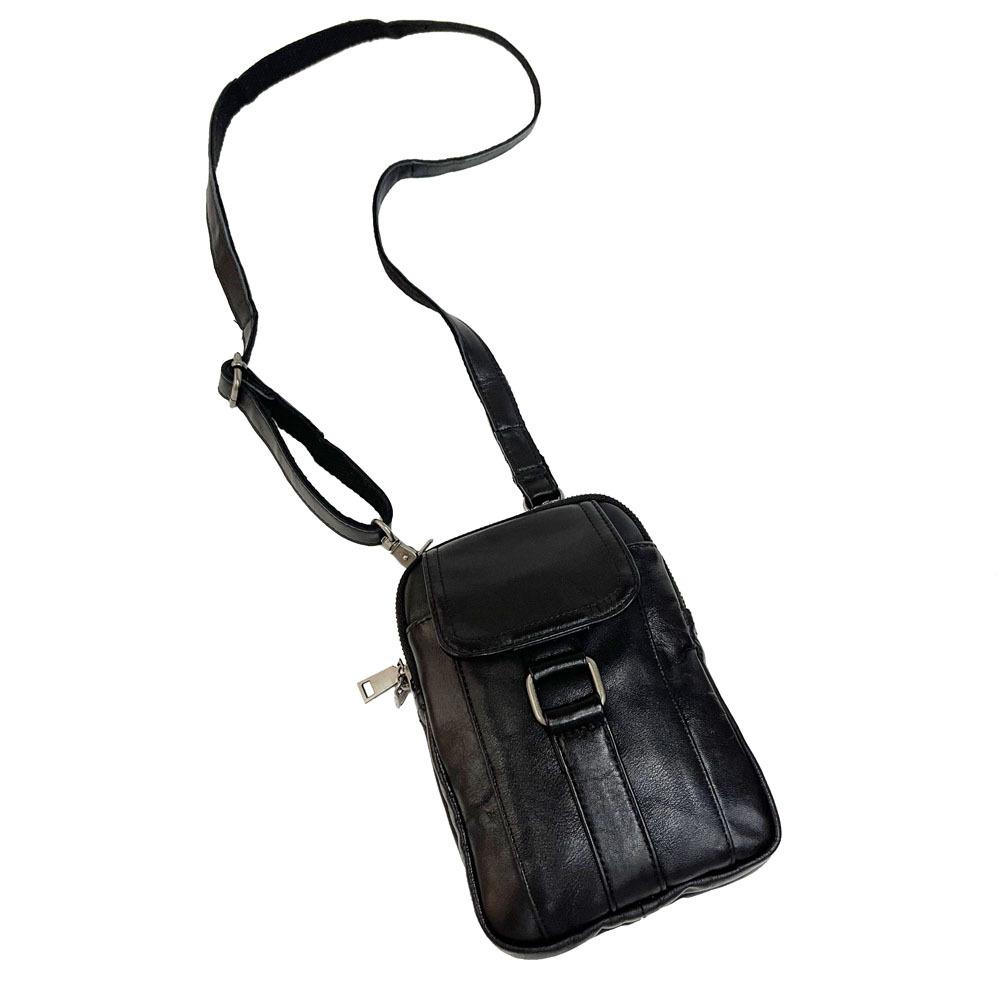 Men'S Genuine Leather Mobile Phone Bag Wearing Belt Waist Bag Multi-Function Shoulder Messenger Bag Black Cowhide Double Zipper Bag