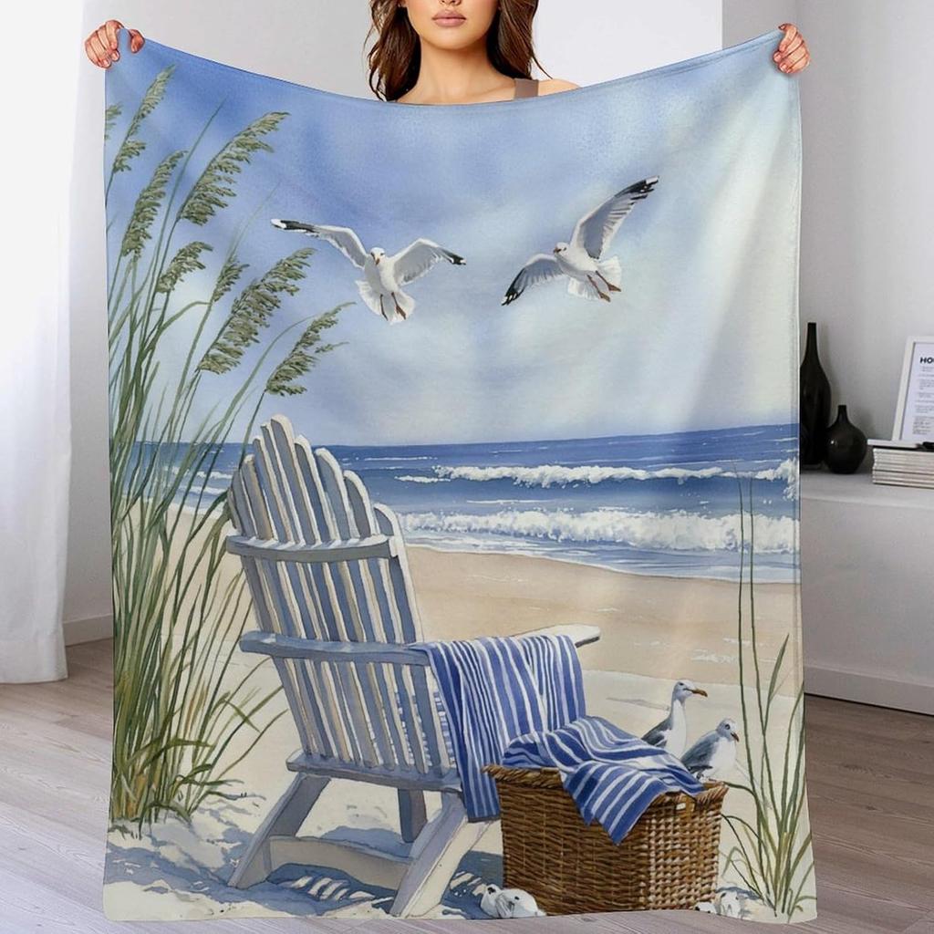 Beach Blanket Ocean View Seagull Chair Waves Coastal Decor Soft Throw Seaside Art Bedroom Textile Relaxing Home Accessory