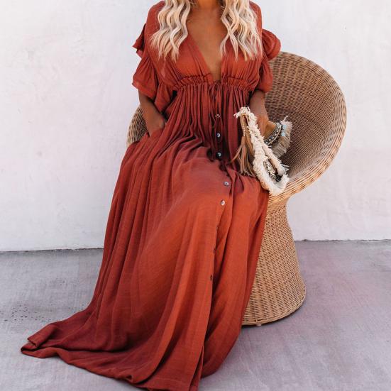 Badeanzug-Abdeckung, einfarbig, sexy, tiefes V-Ausschnitt, Rüschen-Bikinikleid