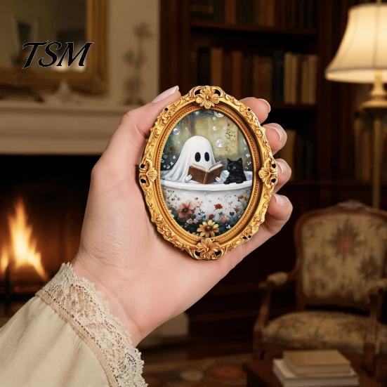 Seasonal Refrigerator Art Vintage Halloween Ghost Fridge Magnet, Retro Gold Frame Decoration Decorations with Strong Magnetic Adsorption for