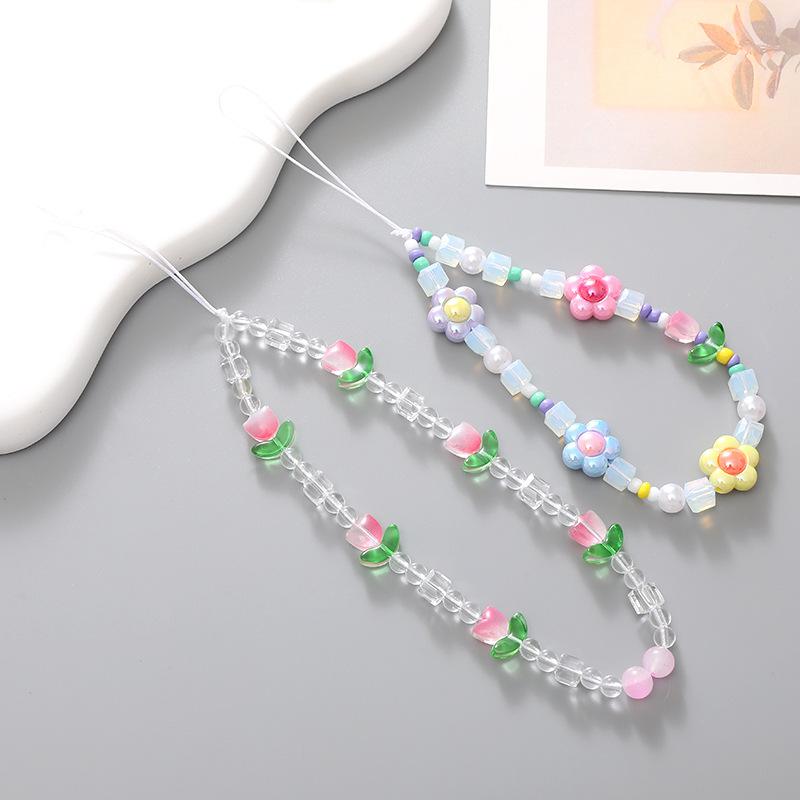 Acrylic Flower Shape Bead Mobile Phone Strap Chain Women Girl Sweet Cellphone Jewelry Accessory For Telephone Lanyard Decoration 1