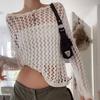 Women's 2026 New American Style Loose Knit Cardigan - Hollow Big Round Neck, Solid Color, See-through Mesh, Long Sleeve.