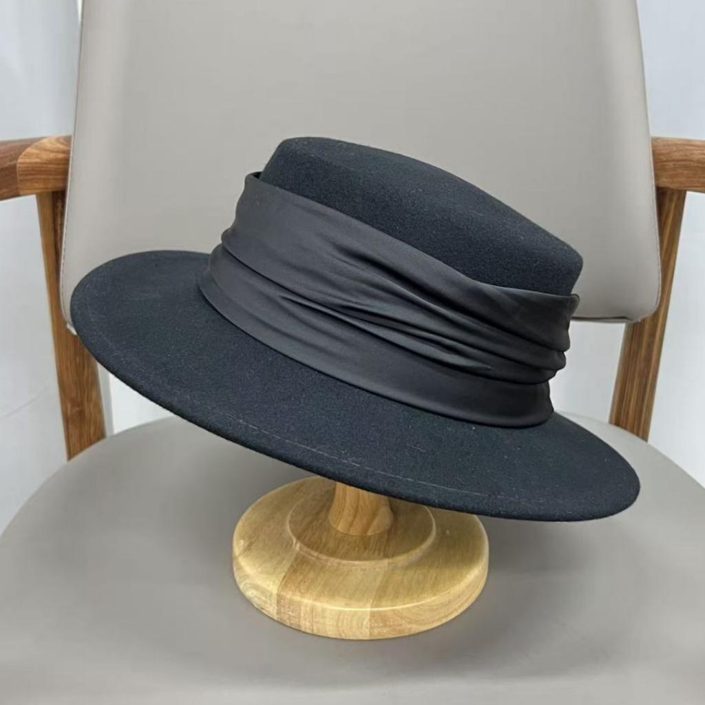 French elegant simple autumn and winter Australian wool flat top hat female Hepburn style retro fashion wide brim top hat felt hat