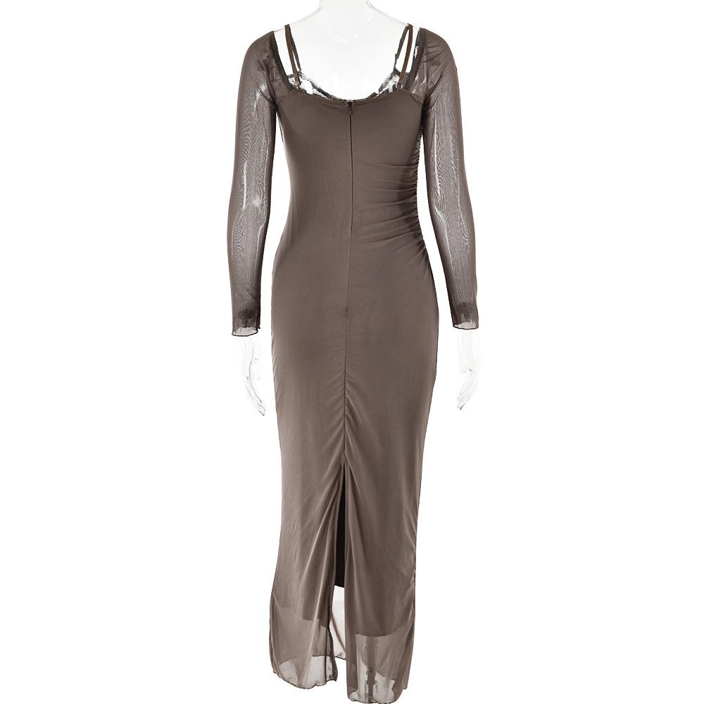 Dámské stylové a sexy bodycon maxi šaty s dlouhým rukávem, na ramínka a s rozparkem