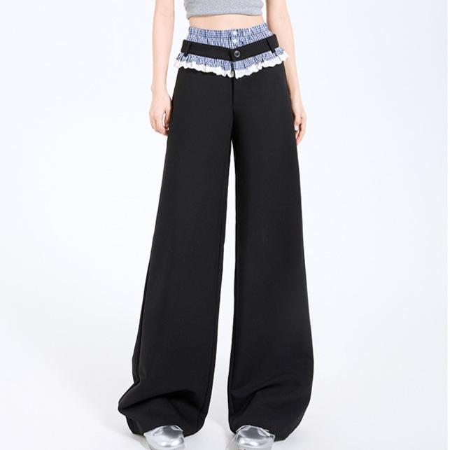 Plaid Patchwork Lace Double Waistband Wide-Leg Pants for Women - New 2025 Spring/Autumn Casual Long Pants