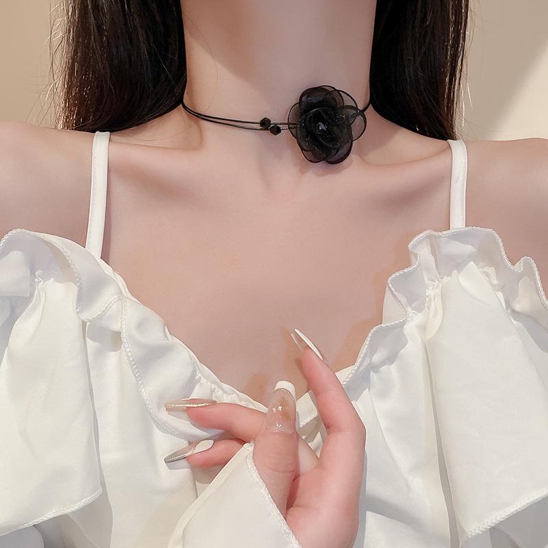 Dark Lace Flower Crystal Choker Necklace