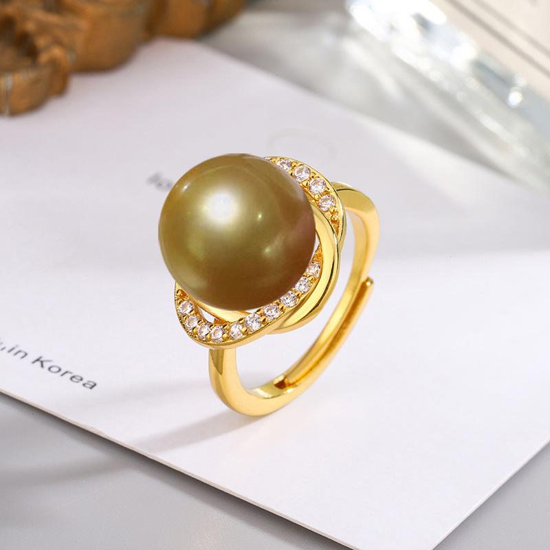 

Открытое регулируемое кольцо с 14-миллиметровым золотым, белым, шампанским и фиолетовым жемчугом из ракушек и цирконами для женщин Adjustable Open