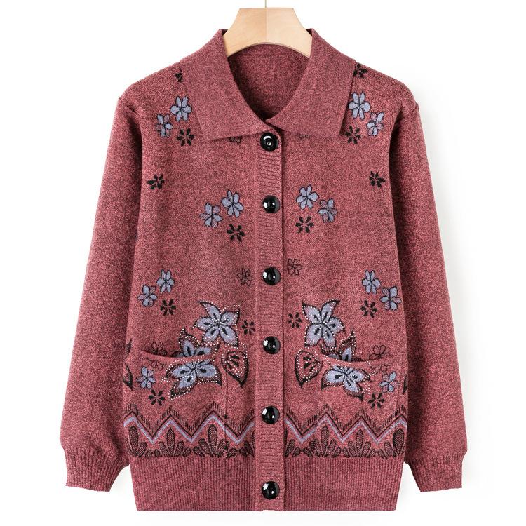 Old Lady Autumn Clothes Lapel Sweater Female Elderly Mother Sweater Jacket Autumn Clothes Mother-in-law Knitted Cardigan