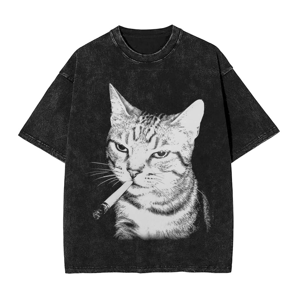 Smoking Cat Funny Washed T Shirts Streetwear Hip Hop Fashion T-Shirts Tees Tops Wo 100% Cotton Oversize Graphic Printed
