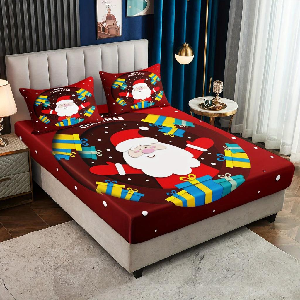 Christmas Gift Santa Claus Digital Print Bed Sheet & Pillowcase Set, Sanded Polyester, Fitted Sheet with Deep Pocket 30-34cm