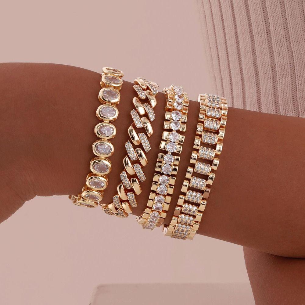 Handmade Block Chain Bracelets Waterproof Cubic Zirconia Bangle  Female Lady Girl