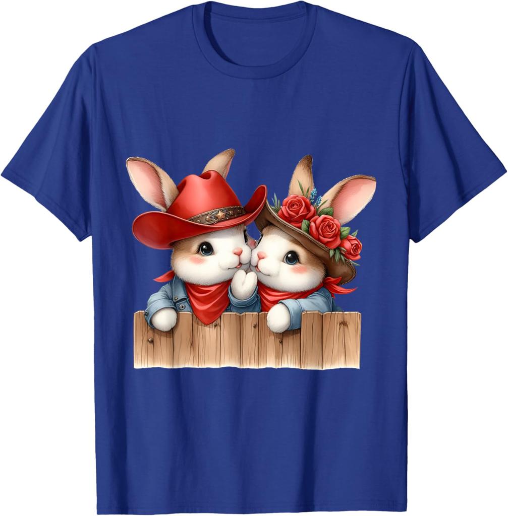 Cute Cowboy Bunny Couple Peeking Over Fence Graphic T-Shirt Men Casual Daily Tee