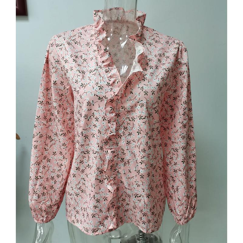 Sommer Herbst Neue Langarm Rüschen Casual Shirt Frauen Tops Vintage Print Elegante Plus Größe Bluse Frauen Mode Tasten Lose Weibliche Shirts 24662