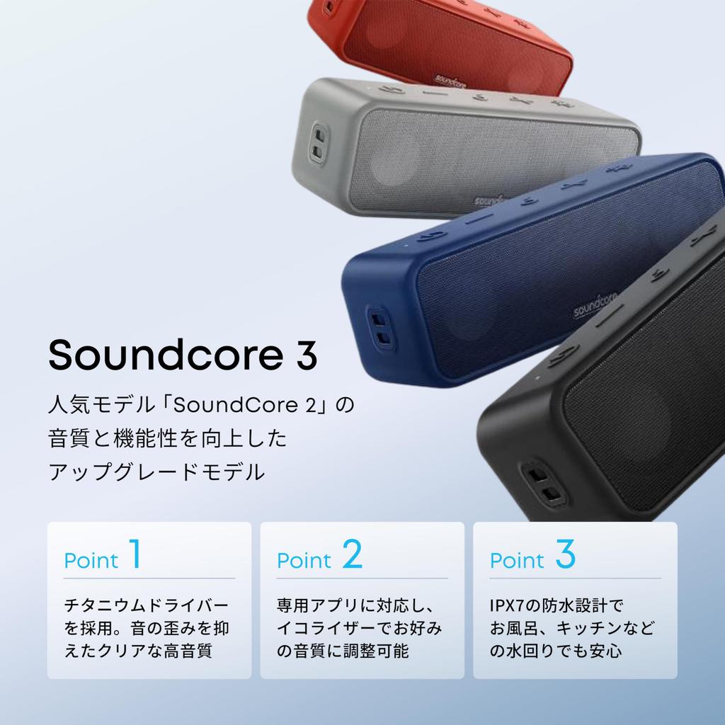 Anker Soundcore 3 Bluetooth Speaker IPX7 Waterproof Titanium Driver Dual Passive Radiator BassUp Technology App Compatible Equalizer Settings