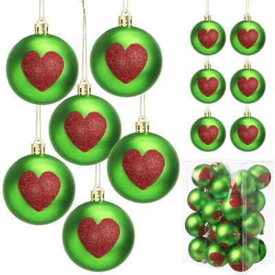 24 db lime zöld gömbdísz, manó díszek, 6 cm-es piros szív csillogó függődíszek karácsonyfára