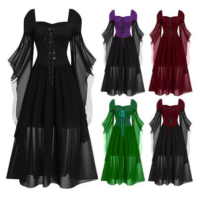Vinatge Women Dress Irregular Horn Sleeve Solid Color A-line Big Hem Slim Waist Pleated Lace-up Medieval Halloween Party Cosplay Costume