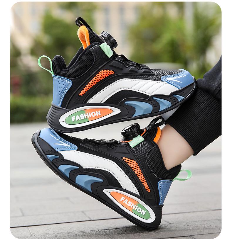 Kids' Rotating Button Sneakers - Leather, Velvet-Lined for Autumn & Winter