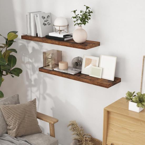 2Pcs/Set Wooden Floating Shelves Wall Mounted Storage Display Shelves Rustic Floating Wall Shelves for Bathroom Bedroom Living Room Kitchen Decor