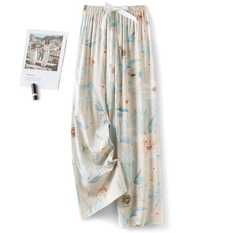 Pantaloni de pijama din bumbac mătase pentru femei, secțiune subțire de vară, anti-țânțari, pantaloni cu picior lat, culoare uni, pentru exterior, casă, petrecere a timpului liber, imprimeu, pantaloni de plajă până la genunchi