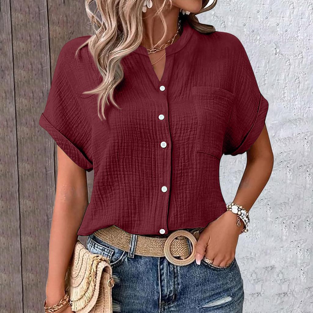 Women's Color Shirt Casual Short Sleeved Button Up Shirt For Women