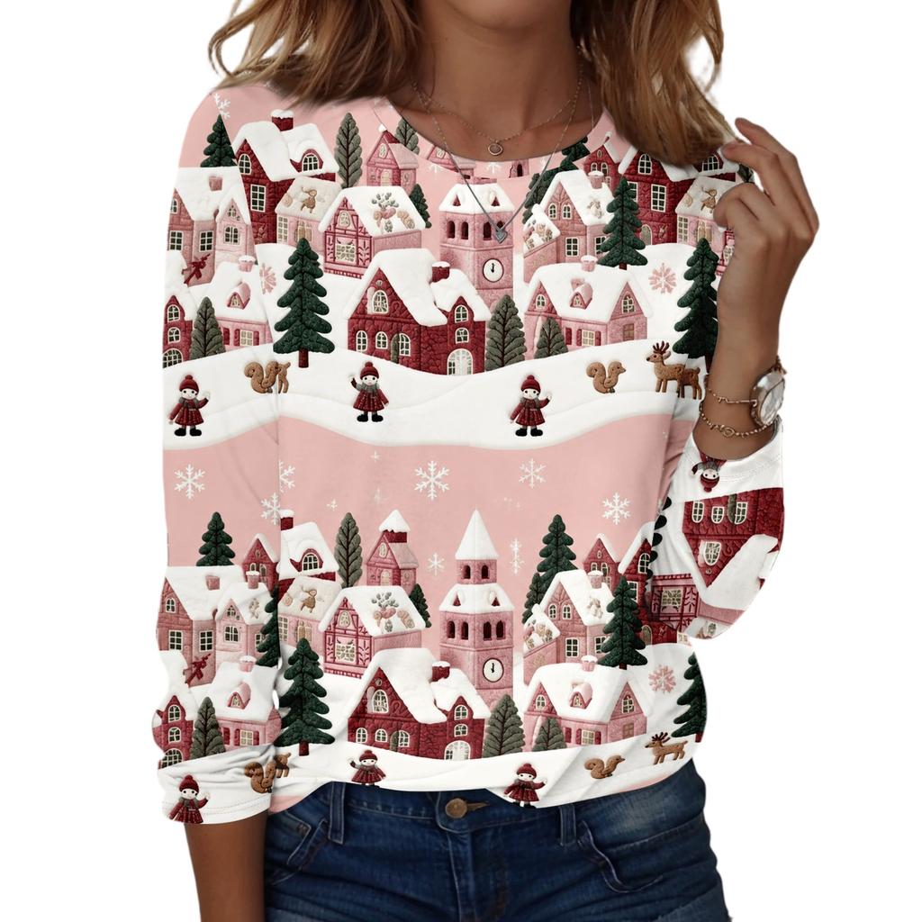 Women's Fashion Casual Long Sleeve Christmas Print Neck Top for Holiday