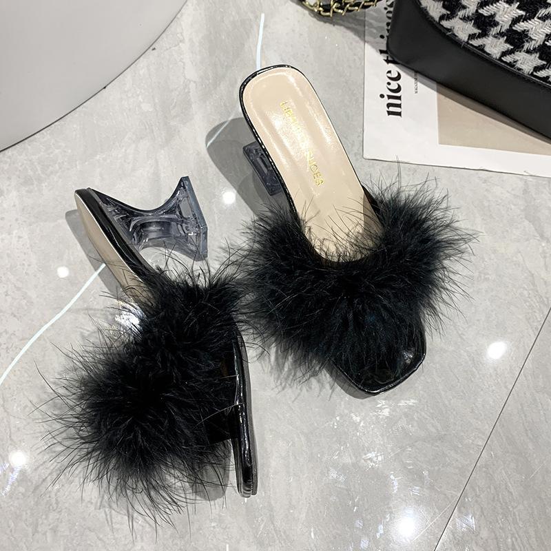 2025 Summer Large Size Foreign Trade Women's Shoes Casual Style Solid Color Square Head Fluffy Upper Wine Glass Root Slippers Women