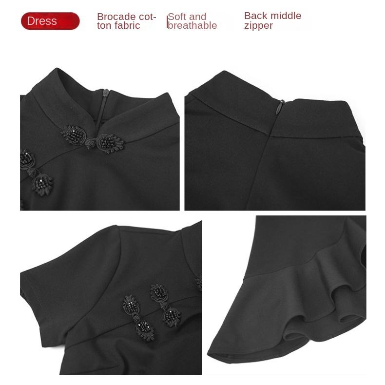 GMXIA Letní dámské nové čínské upravené denní šaty Cheongsam Černé šaty s nepravidelným rybím ocasem