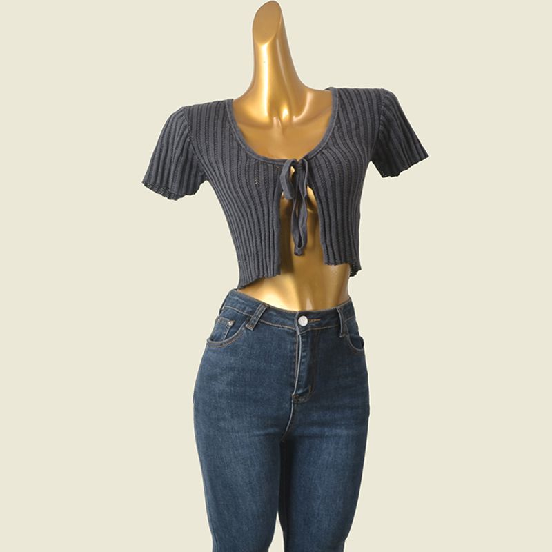 US Niche Style Cards Retro Cut Out Summer Short-Sleeved Top Shoelace Sexy Sexy Export Short Knitted Outerwear