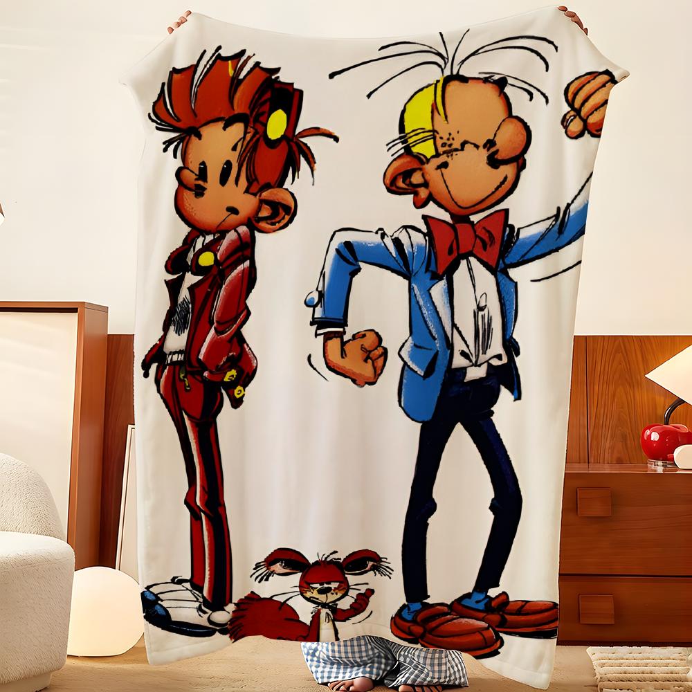 Cartoon S-Spirou en F-Fantasio Gooi Flanellen Plaid, Lichtgewicht Gezellig, Duurzaam Wasbaar schattig Cool