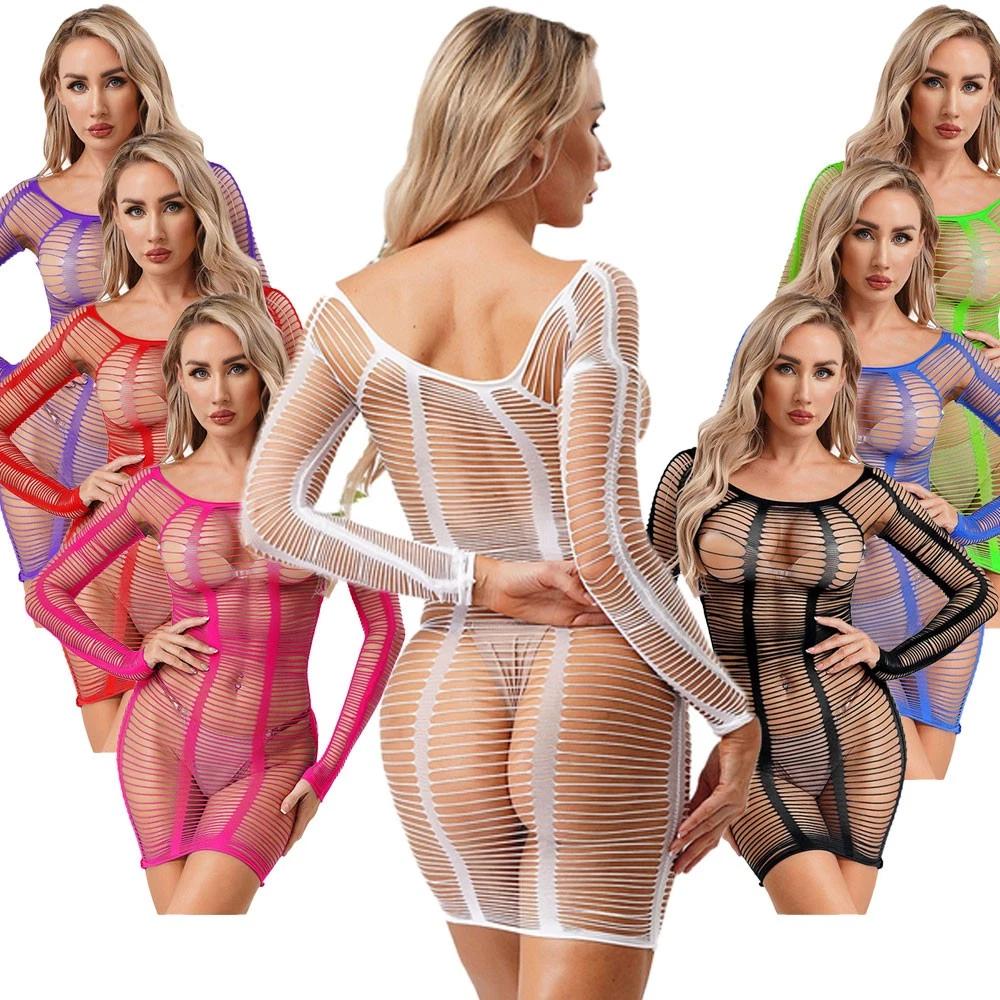 Womens See Through Mesh Fishnet Lingerie Nightgown Mini Slip Dress Nightwear