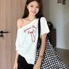 Korean Ins Bow Design White Slanted Shoulder Off-shoulder Short-sleeved T-shirt Women's Summer New Casual Loose Top